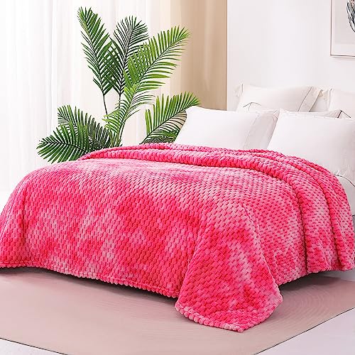 Image of Exclusivo Mezcla Queen Size Fleece Blanket for Bed, 90x90 Inches Stylish Jacquard Velvet Soft Blanket, Fuzzy Cozy Lightweight for Winter, Tie-dye Hot Pink