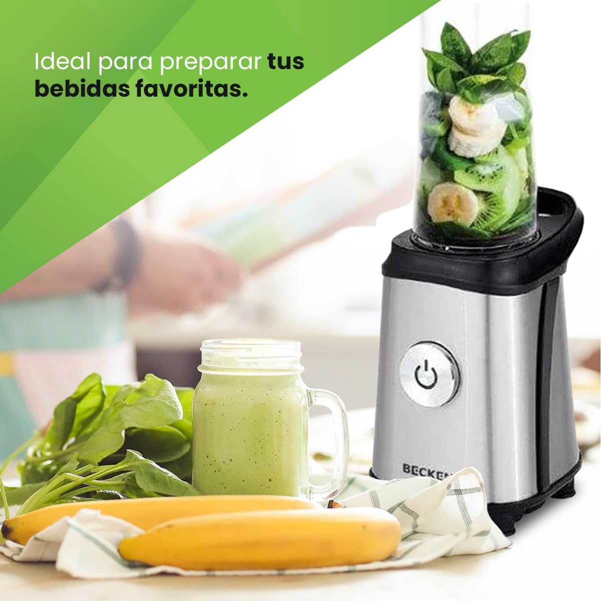 Mini Batidora de vaso - Incluye 2 Vasos Plástico de 0,6L - 4 Cuchillas en Acero Inoxidable - Seguridad Antiapertura - Potencia 300W - Becken