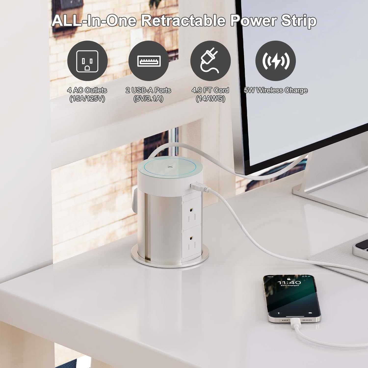 Automatic Pop Up Countertop Outlet, Pop Up Power Outlet with 5W Wireless Charger Station, 4 AC Plugs & 2 USB Ports Pop Up Socket, Hidden Pop Up Outlets for Kitchen, Office, Conference, ETL Listed