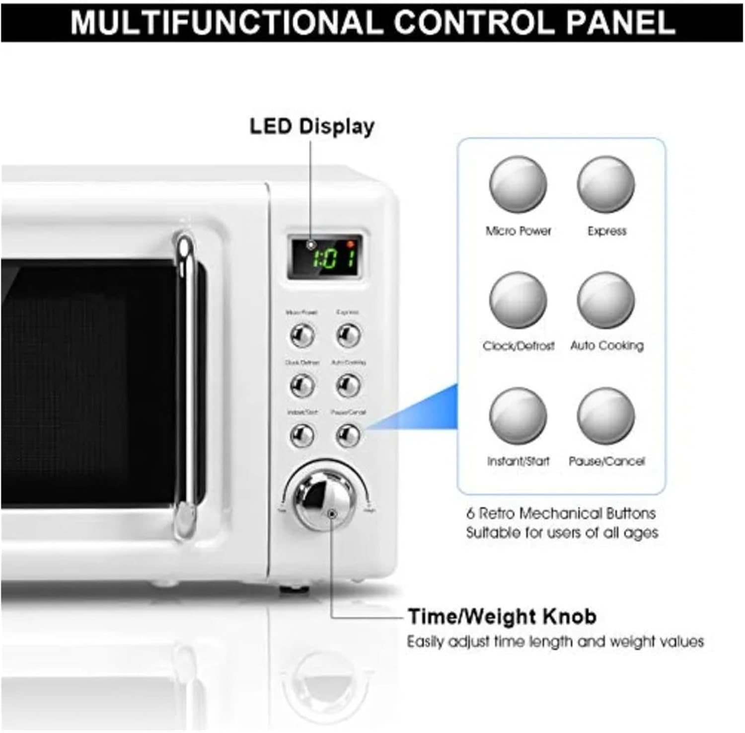 Retro Countertop Microwave Oven 0.7Cu.ft 700-Watt Cold Rolled Steel With Time Setting Glass Turntable Plate Pre-Programmed Cook