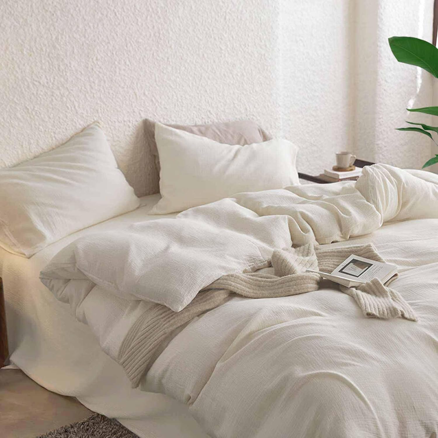 Nanko 100% Cotton Double Layered Gauze Beige Duvet Cover Set Queen Size Linen Like, Luxury Super Soft Chic Bedding Set Breathable Comforter Cover Zip, Modern Farmhouse for Women Men, 3Pcs 90 x90 Cream - Image 5