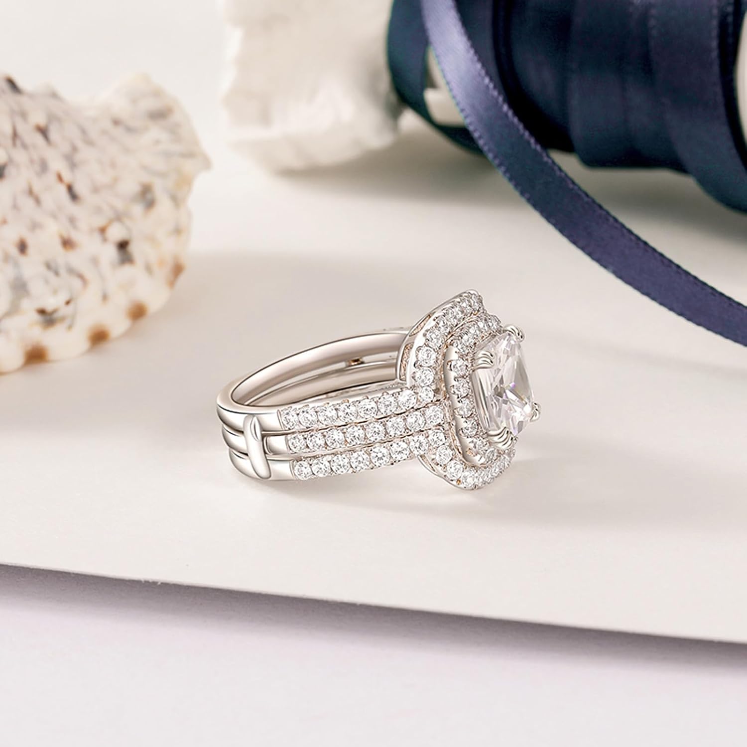 Jeulia 2PCS Wedding Bridal Band Ring Enhancer Engagement Ring Set for Women Halo Split Shank Cushion Cut 925 Sterling Silver Ring Romantic Anniversary Promise Gift with Jewelry Box