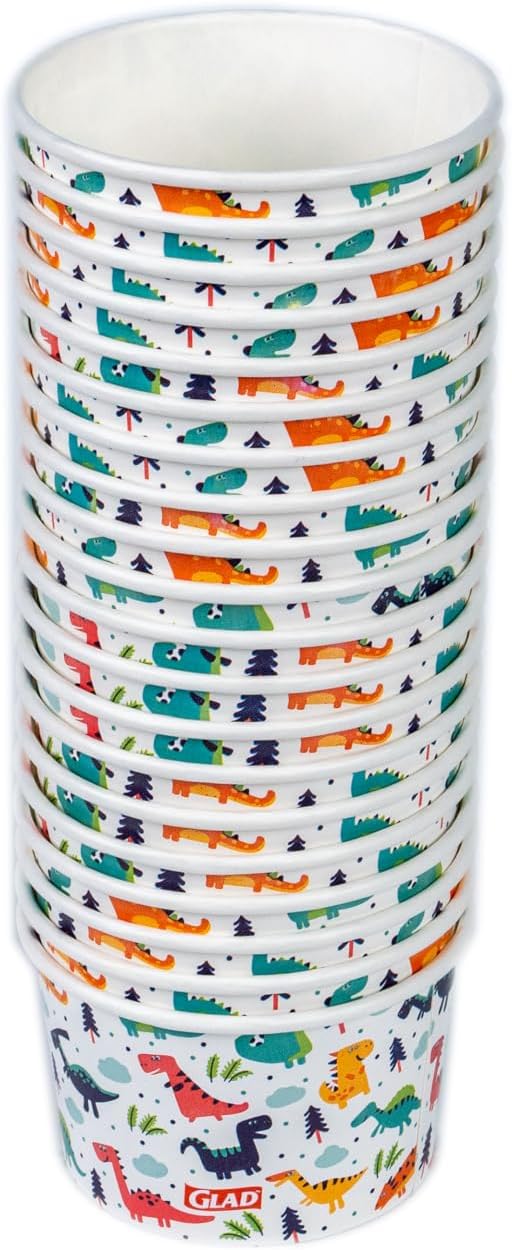 Glad for Kids Mini Dinosaurs Paper Snack Bowls, Colorful Heavy Duty Microwave Safe Disposable Bowls for Soup, Ice Cream, and Snacks, Lids Not Included, Multicolor, Party Pack, 6 Oz, 20 Count - 10 Pack