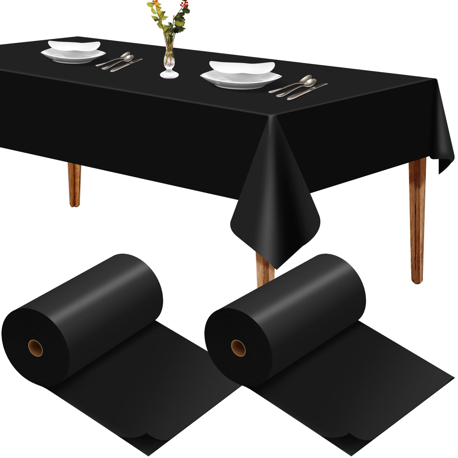 2 Pcs Disposable Plastic Table Cover Roll 40 Inch x 300 ft Valentine's Day Plastic Tablecloth Roll Banquet Roll for Valentine's Day Favor Carnival Circus Party Table Decorations(Black)