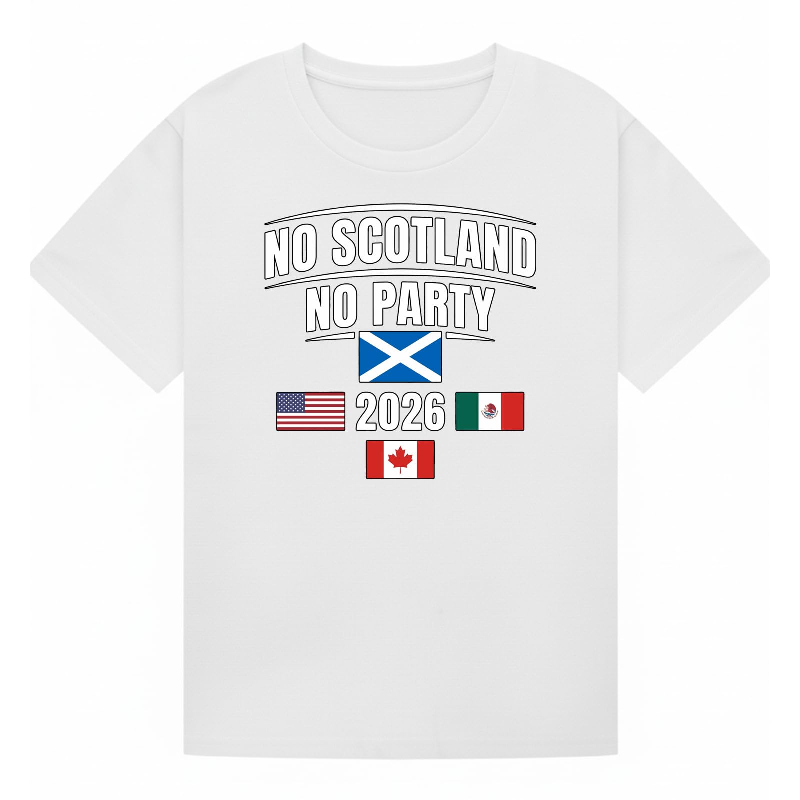 No Scotland No Party 2026 Soccer Sports Football Womens Loose Fit Graphic T-Shirt Novelty Retro Fan Tee USA Mexico Canada Host Nations Supporters Top White L