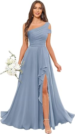 One Shoulder Ruffles Bridesmaid Dresses with Slit Chiffon Pleated A Line Formal Evening Gowns for Women