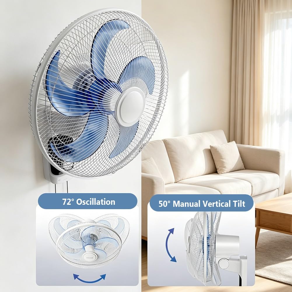 Ventilatore da Parete Oscillante da 45 cm a 3 Velocità, 50 W