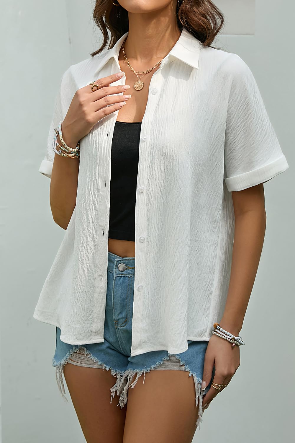 Chemise Femme Manches Courtes Ete Col V Chemisier Femme Chic et Élégant Décontractées Amples à Boutons Couleur Unie