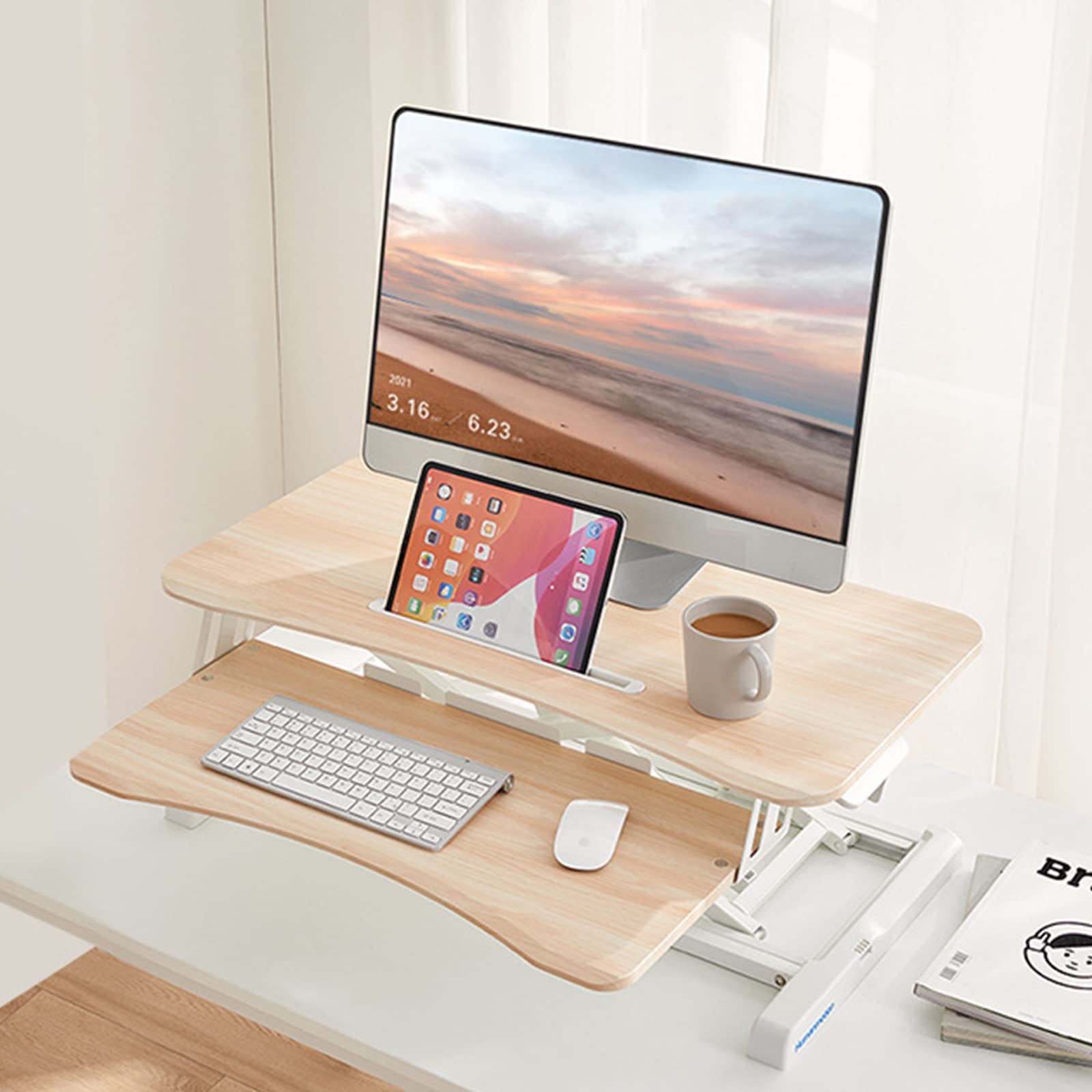 Convertisseur de Bureau, Convertisseur de Bureau Assis-Debout 40 x 80 cm, réglable, Compatible avec Deux écrans d'ordinateur Portable 5,1 à 20 Pouces, Couleur érable