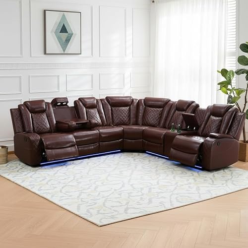 Power Recliner Sectional Sofa with LED, Breathing Leather Reclining Sectional Couch, L Shaped Couch with Dual Recliners, USB Port, Cup Holder&Storage for Living Room (Garnet, Sectional)