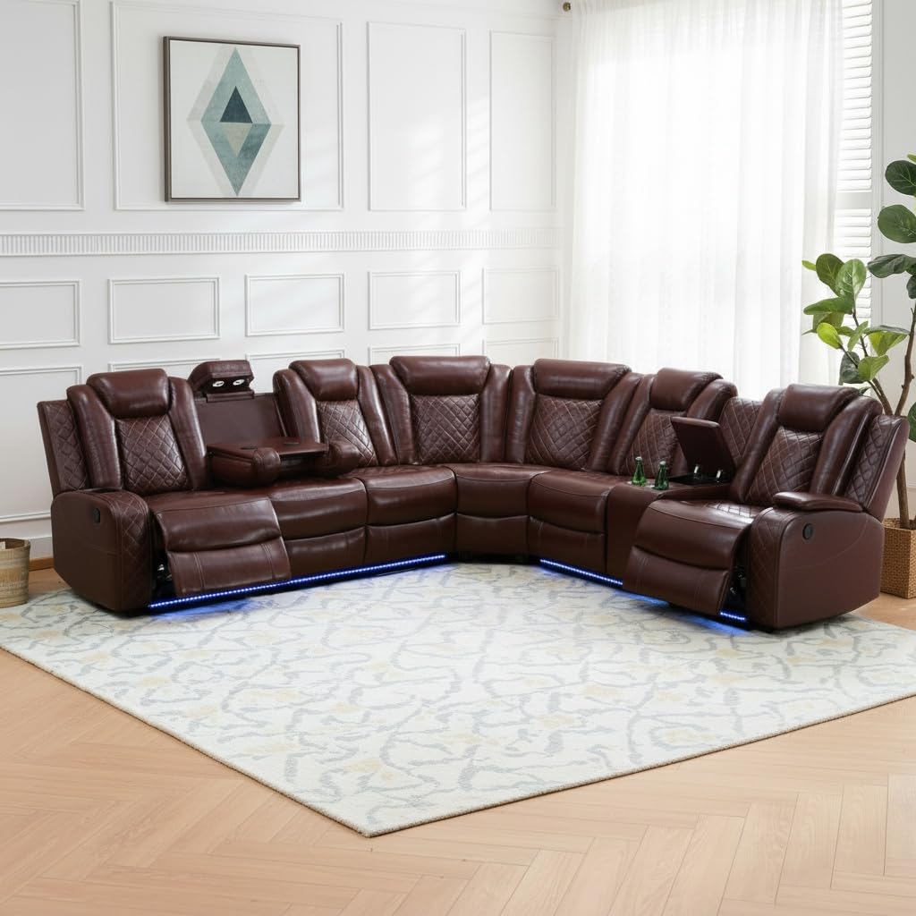 Power Recliner Sectional Sofa with LED Breathing Leather Reclining Sectional Couch L Shaped Couch with Dual Recliners USB