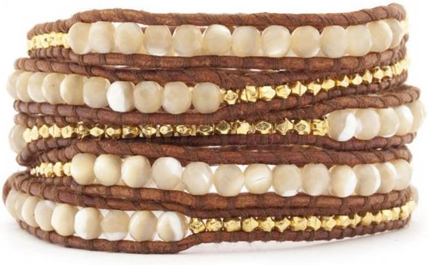 Lin Suu Jewelry Brown Leather Wrap Bracelet Graduated Pearlescent Goldtone Beads 34 inches 5 Wraps