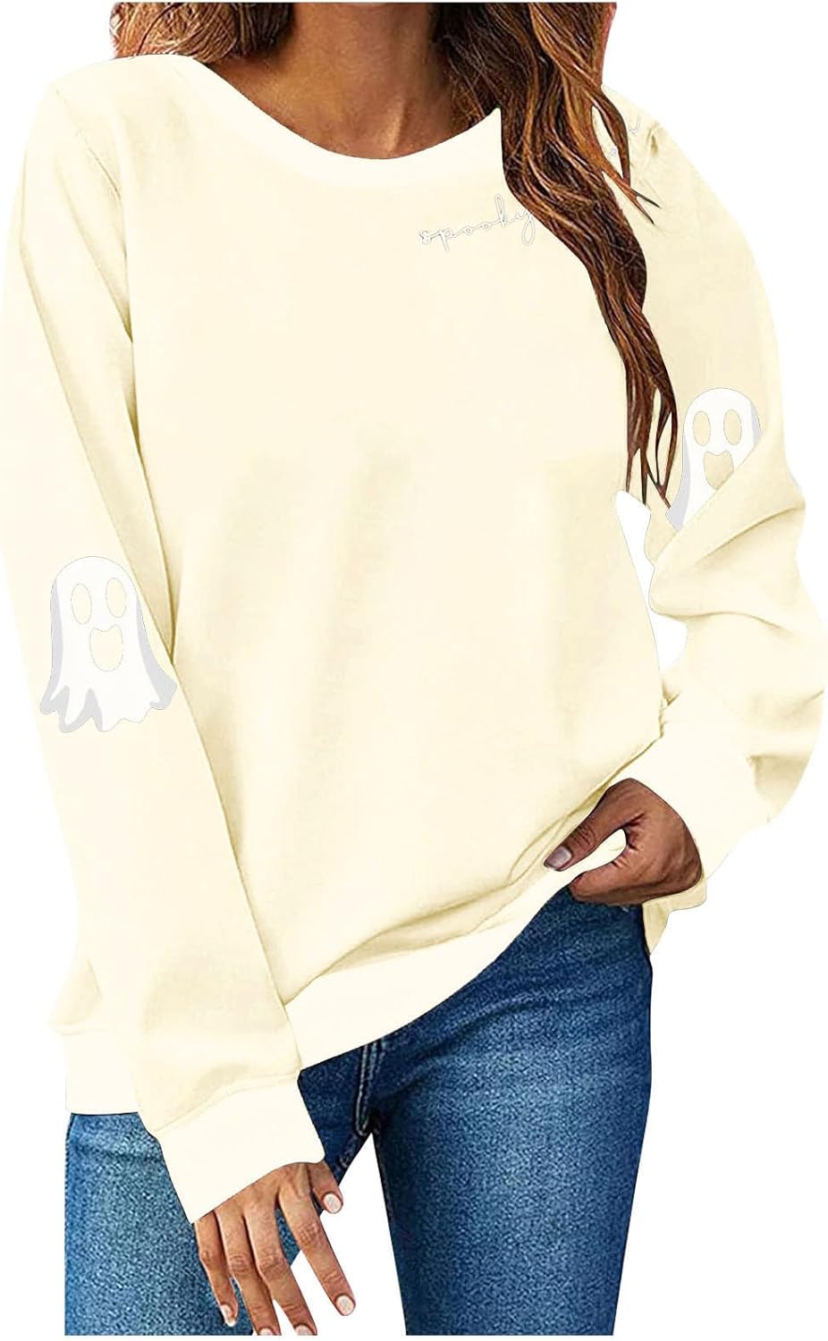 Halloween Sweatshirts for Women Spooky Season Retro Ghost Print Shirts Long Sleeve Casual Crewneck Pullover Tops