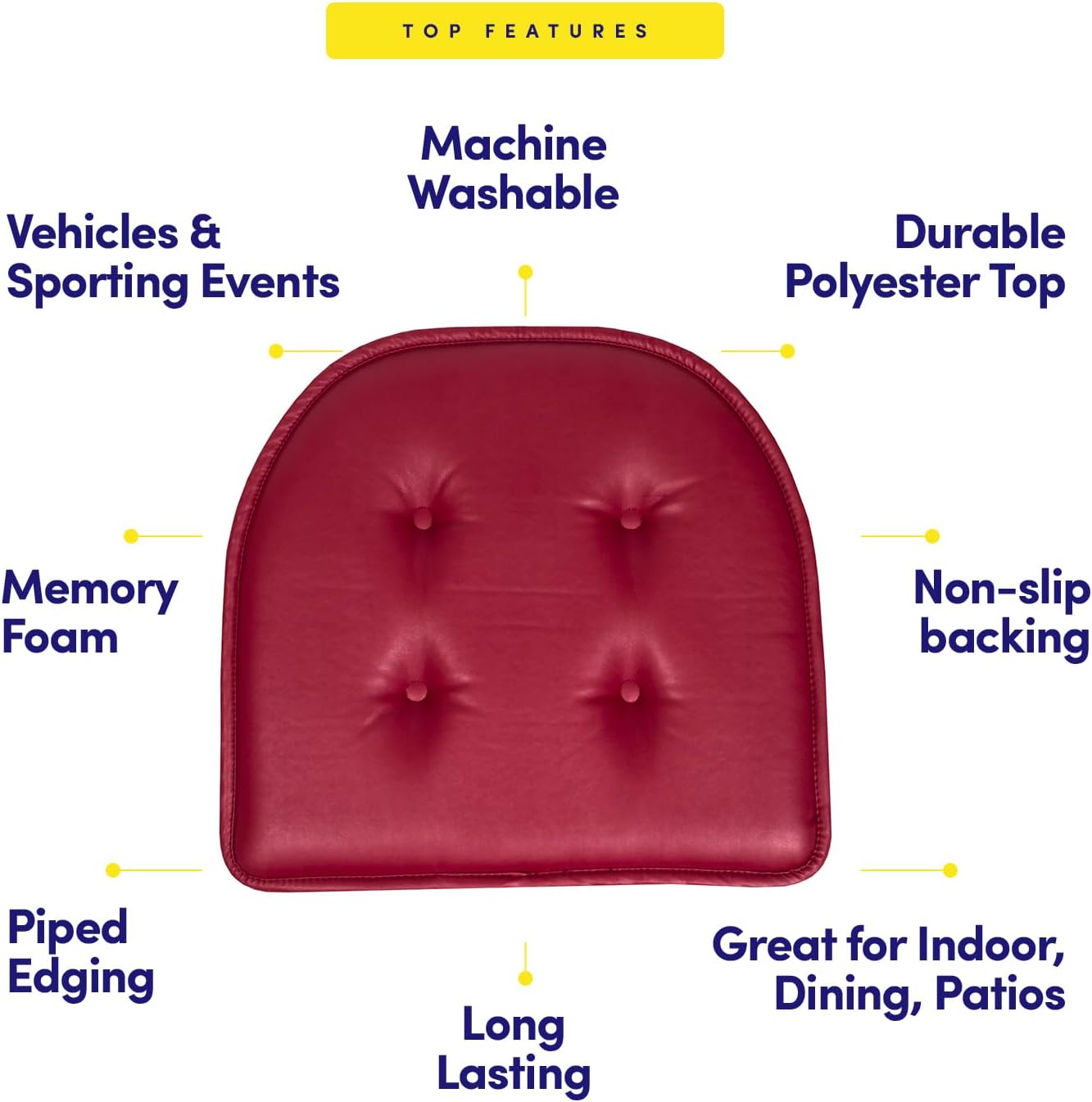 Sweet Home Collection Chair Cushion Memory Foam Pads Tufted Slip Non Skid Rubber Back U-Shaped 17" x 16" Seat Cover, 4 Count (Pack of 1), Faux Leather Burgundy Red