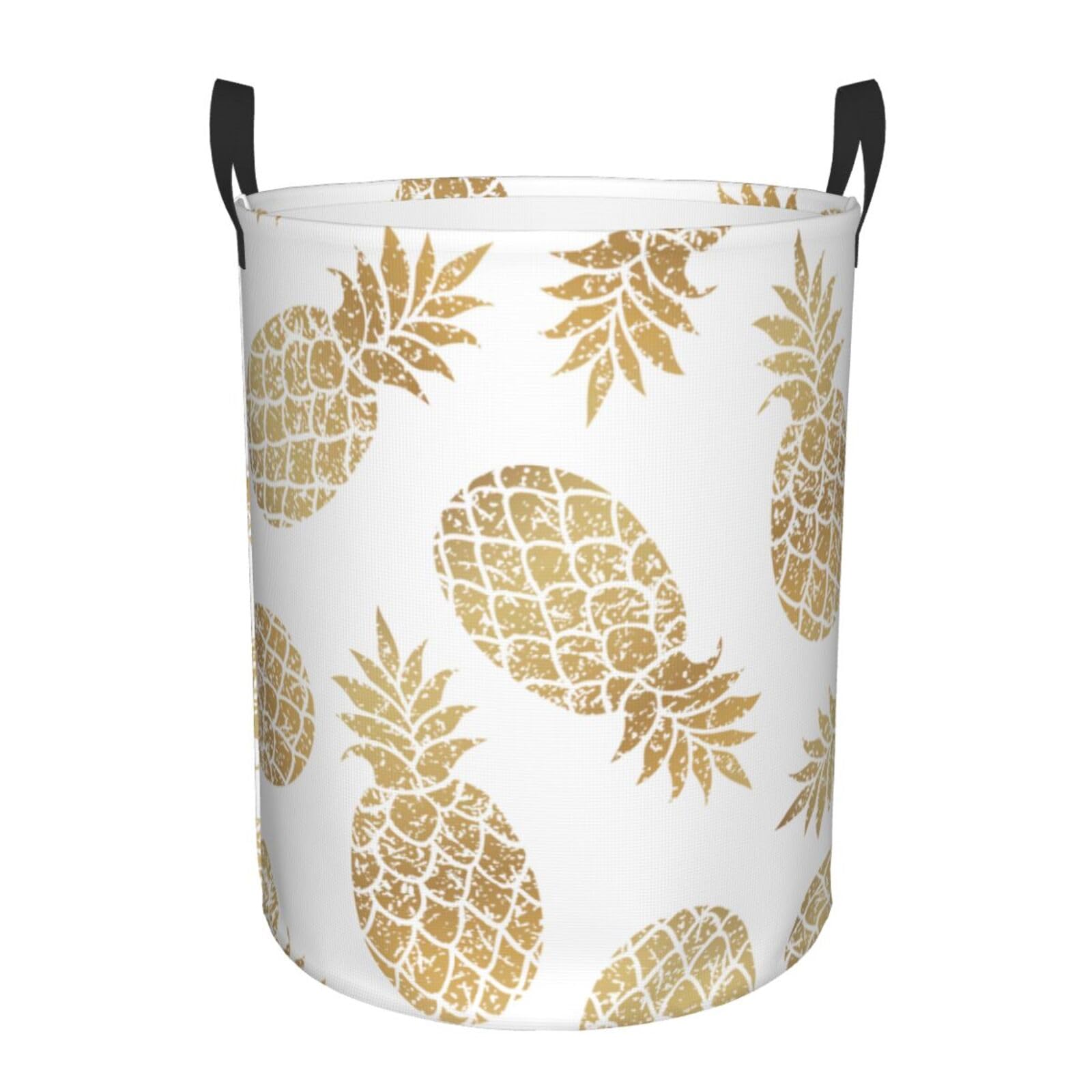 S Collapsible Round golden pineapple background Print Laundry Hamper