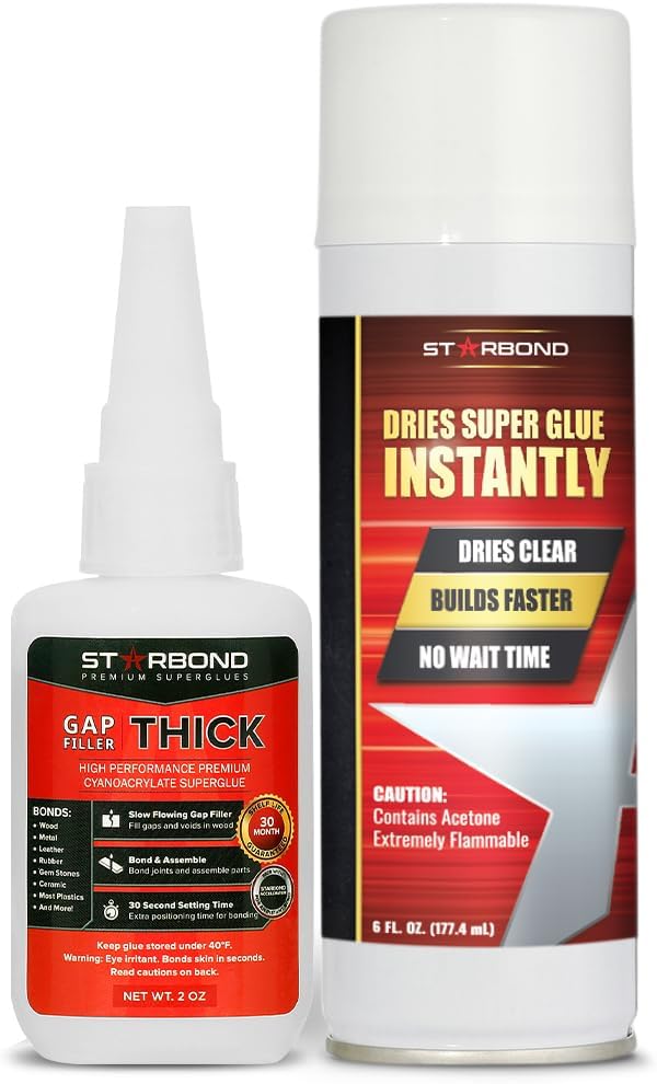 Starbond Thick CA Glue with Activator Bundle (2 oz. + 6 oz.) – Premium Cyanoacrylate Super Glue with Aerosol Accelerator – for Woodworking, Mitre Joint Bonding, MDF, Trim & Archery Fletching
