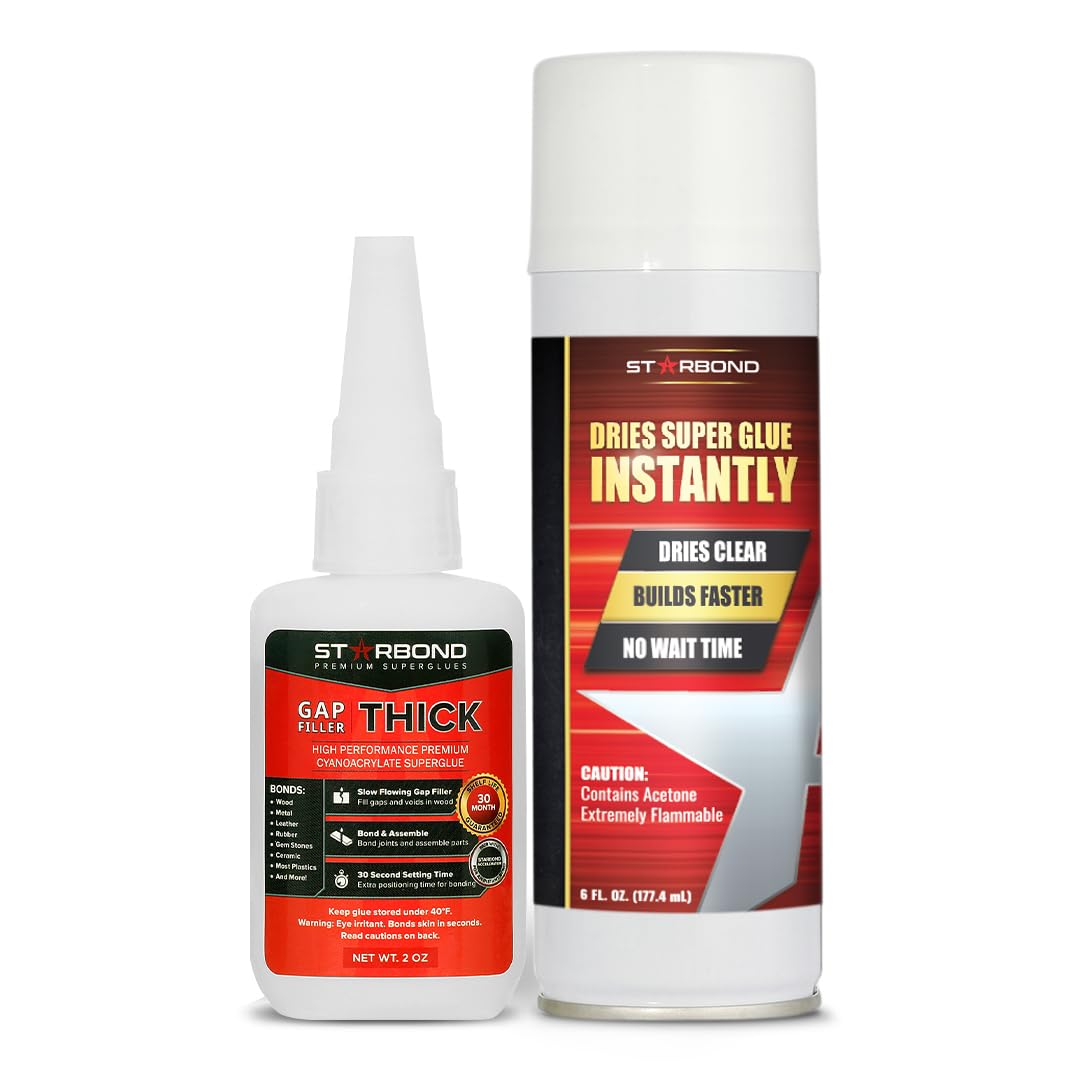 Starbond Thick CA Glue with Activator Bundle (2 oz. + 6 oz.) – Premium Cyanoacrylate Super Glue with Aerosol Accelerator – for Woodworking, Mitre Joint Bonding, MDF, Trim & Archery Fletching