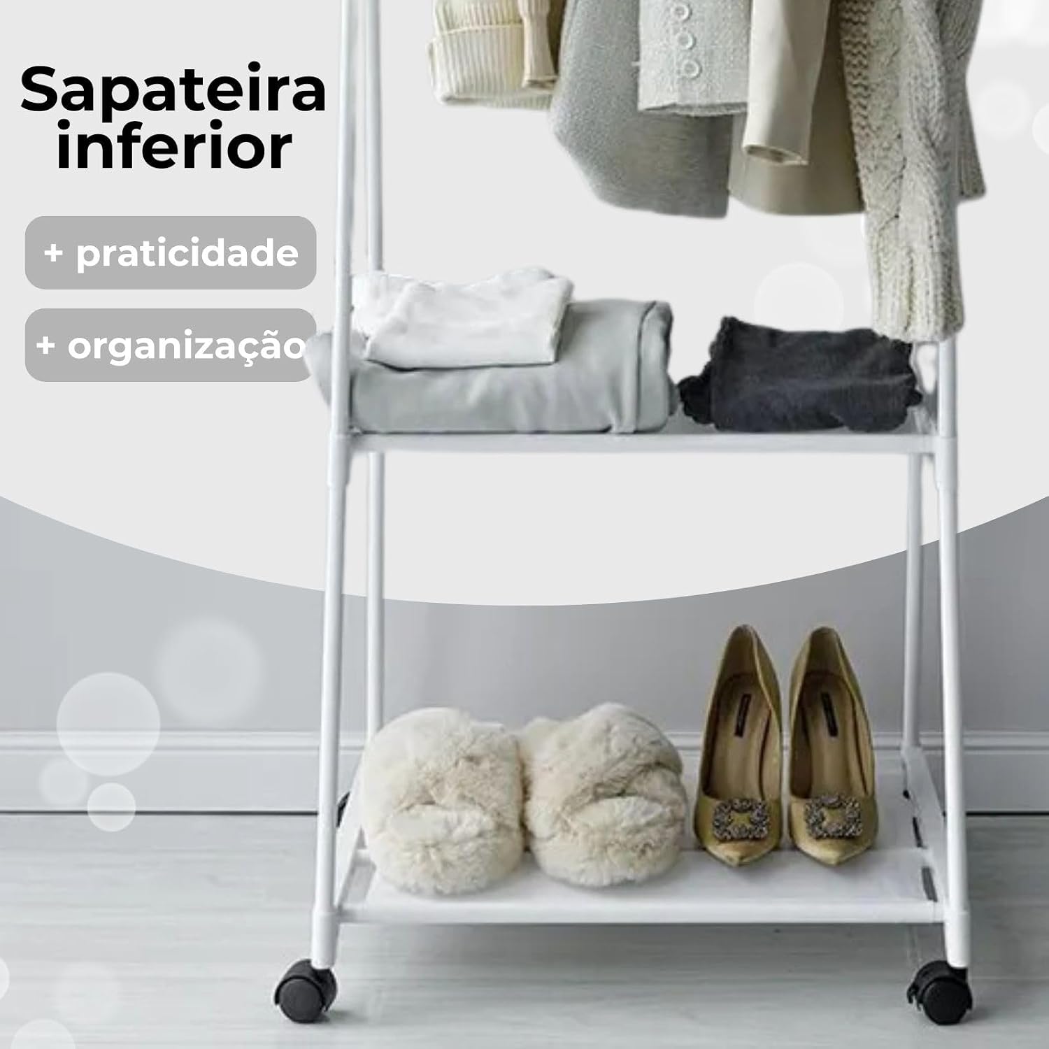 Arara Organizadora Cabideiro de Roupas Sapateira Prateleira Com Rodas