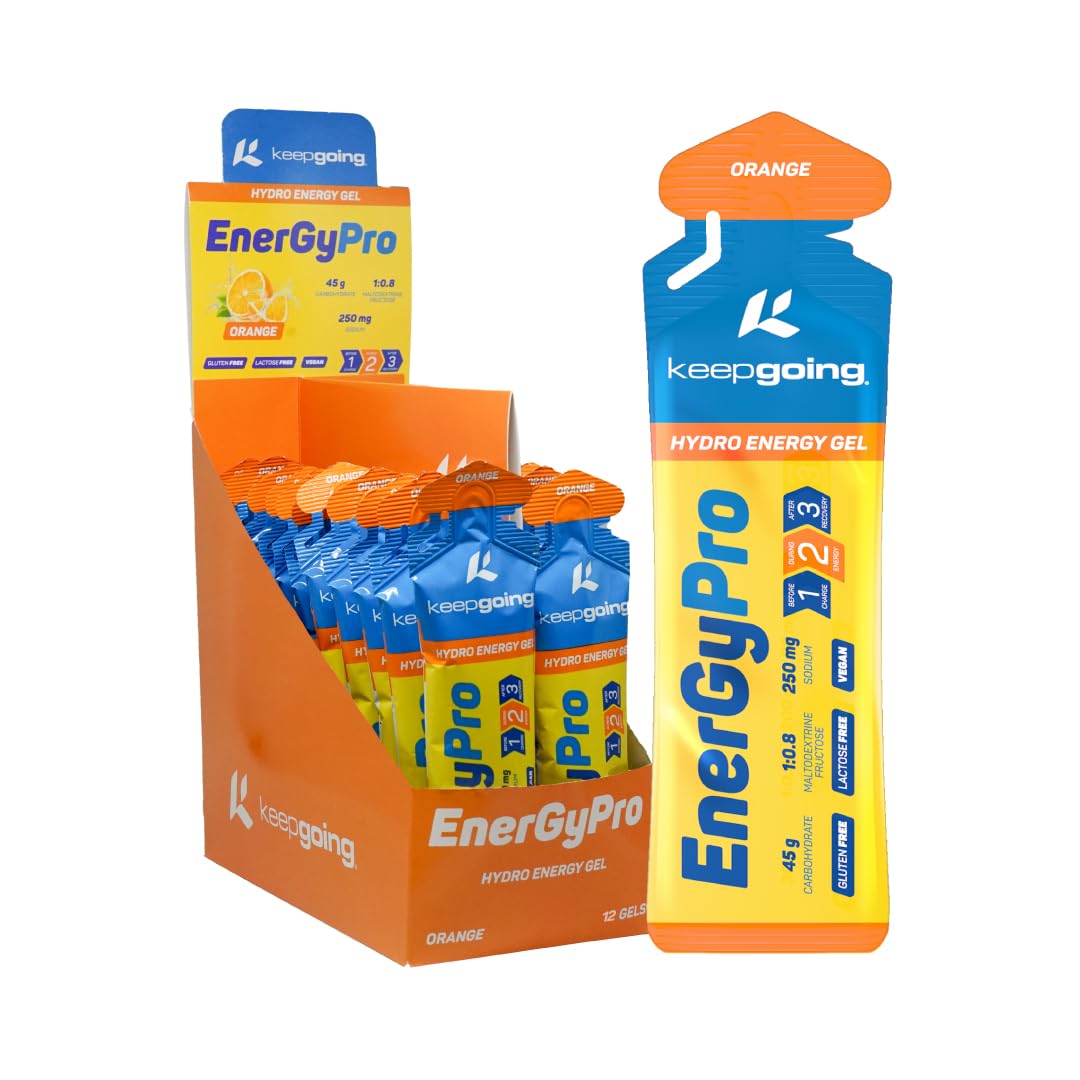 Keepgoing Gel Energético EnergyPro Sabor Naranja 12 uds x 75g | Energy Gel Ciclismo y Running | Ratio 1:0,8 Maltodextrina: Fructosa