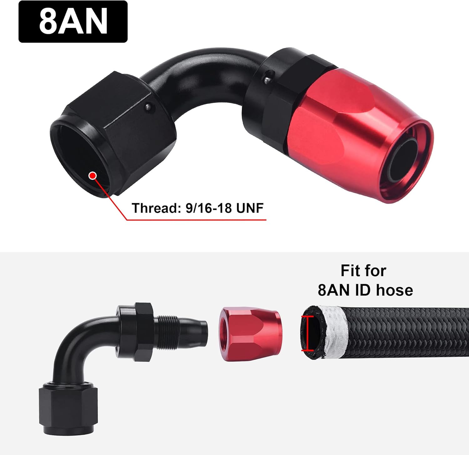 EVIL ENERGY 8AN Nylon Braided CPE Fuel Hose 10FT Black Bundle with 8AN Swivel Hose End Fitting 90 Degree Black&Red