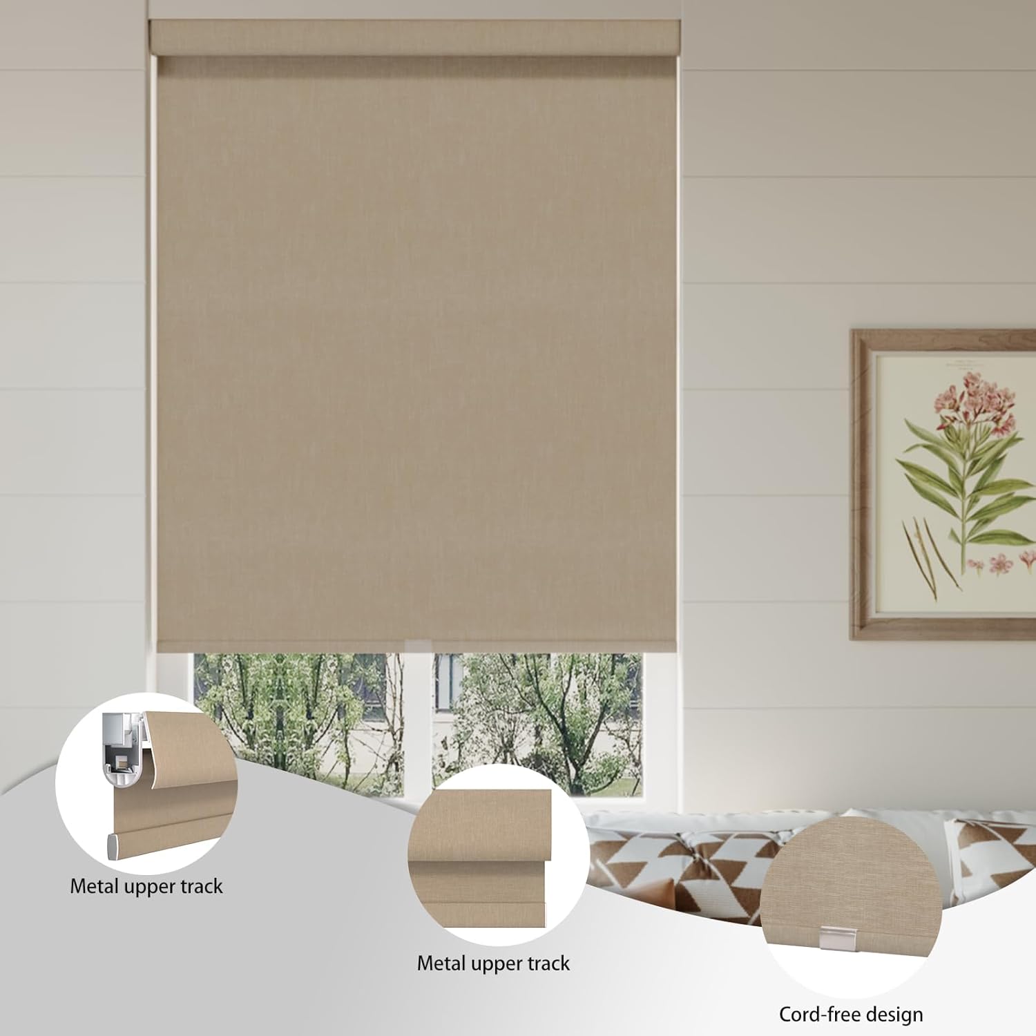 MYshade Custom No Drill No Tools Cordless Roller Shades,Waterproof Window Blinds for Home, Bedroom, and Living Room,Blackout Privacy Control with Easy Installation（Light Brown）