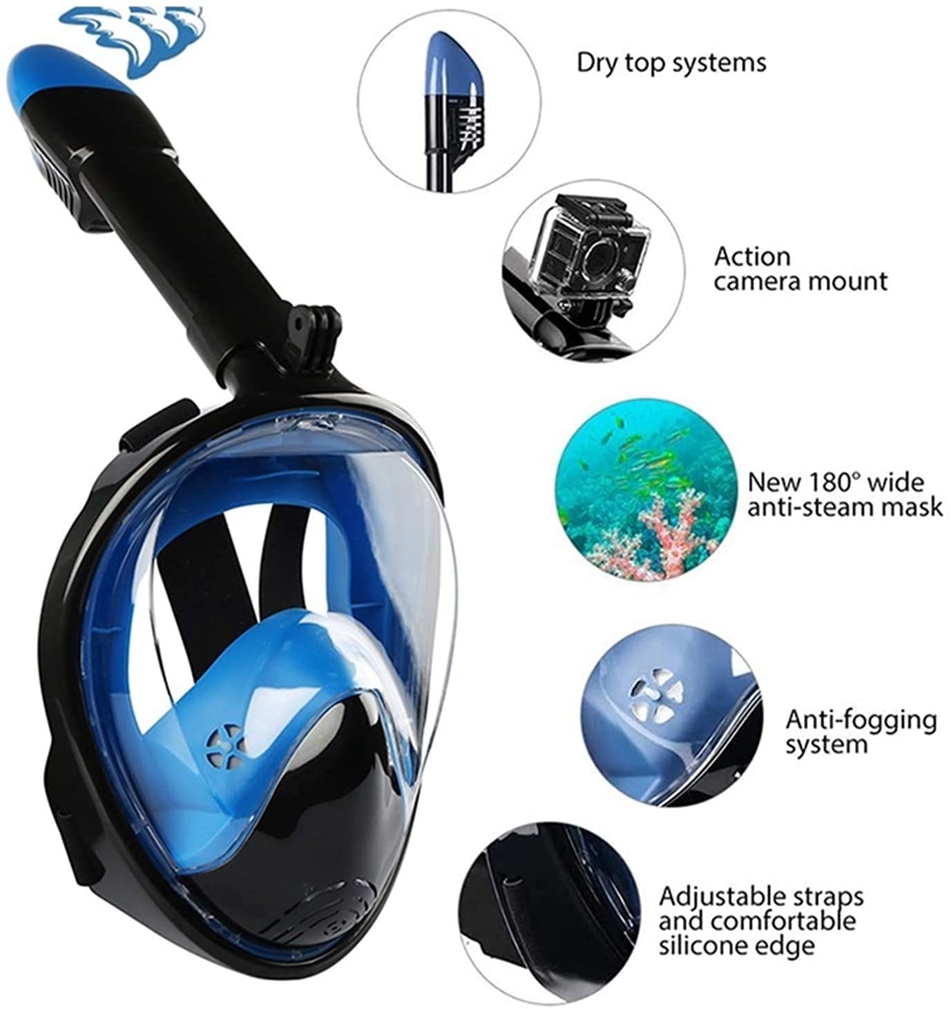 Maschera da Snorkeling Integrale, Maschere da Sub, Attrezzatura Subacquea Antiappannamento, Attrezzatura per Snorkeling E Nuoto per Adulti E Bambini.（N40 Flat Black-S/M）