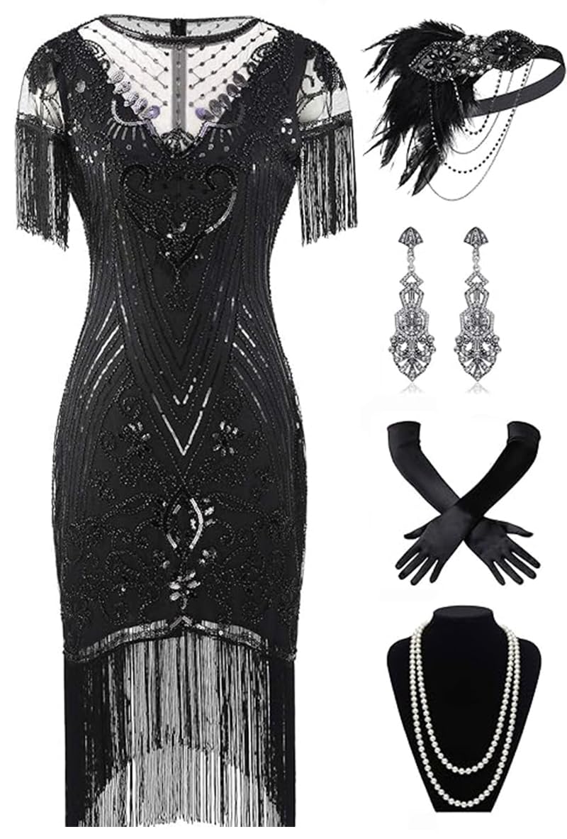 867A - Plus Size 1920s Vintage Fringed Gatsby Sequin Beaded Tassels Hem Flapper Party Prom Cocktail Dress with Accessories