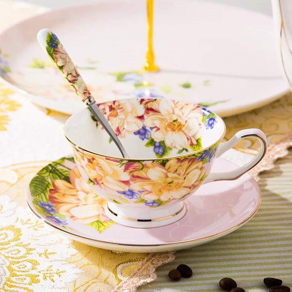 ONEUSTAR Tea Cup and Saucer Set for 1 Bone China Coffee Cup 7 oz Vintage Floral English Teacup for Women Tea Party Birthday Mother's Day Gift, Pink - Image 3