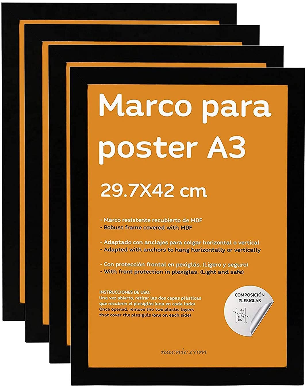 Nacnic - Pack 12 Marcos de Madera MDF Negro y Vidrio Acrílico | Protección y Expositor de Fotografías, Láminas, Pósters, Cuadros y Decoración para Salón, Dormitorio u Oficina | A3 (29,7x42 cm)