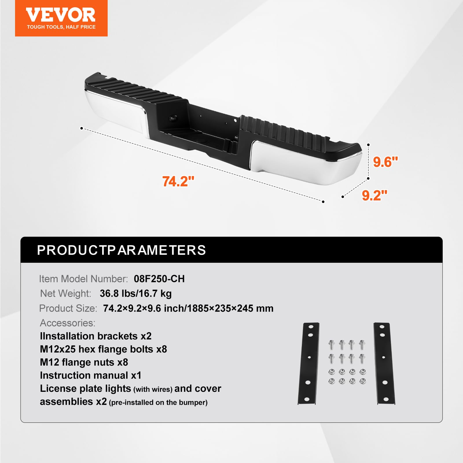 VEVOR Pare-Chocs Arrière, Compatible avec Ford F250/Ford F350 Super Duty 2008-2016, en Acier, avec Éclairage de Plaque d'Immatriculation et Marchepied, Pièce de Remplacement Automobile pour FO1103148