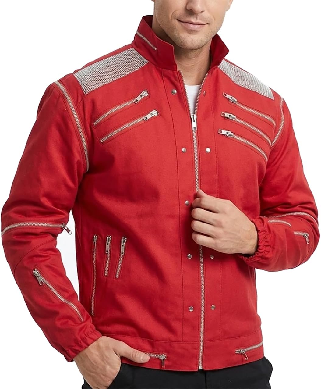 SpazeUp Men’s Red Faux Leather Jacket Singer Cosplay 80s Rockstar Dancer Costume Disco Jacket Men Halloween Outfit