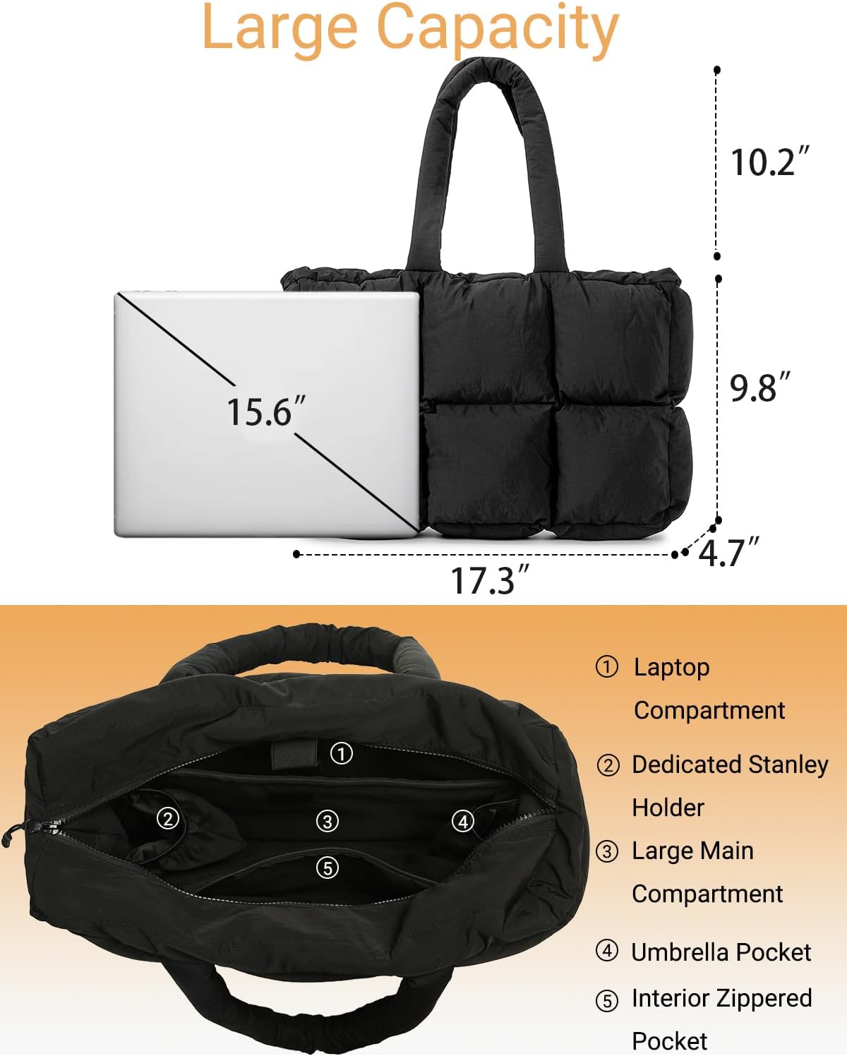 Herald Puffer Tote Bag for Women, Large Quilted Puffy Handbag Lightweight Satchel Purse with Cup Holder & Compartment