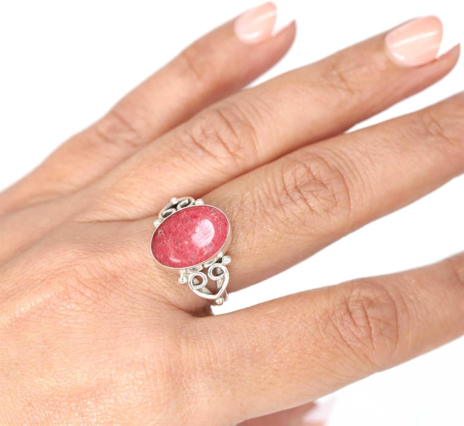 JEWELOPORIUM Pink Thulith Silver Ring Size 5 to 13, 925 Sterling Silver Ring for Women, Natural Oval Stone Handmade Jewelry