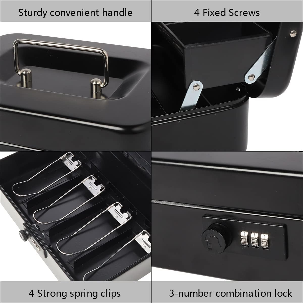 Kasten Cash Box with Combination Lock, Metal Money Box for Cash, 11.8"x 9.5"x 3.5", Large Black