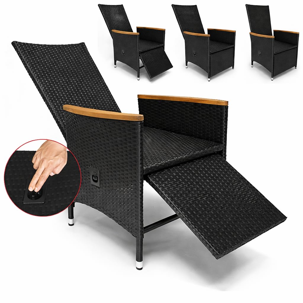 Casaria® Polyrattan Gartenstuhl 2er Set Neiglehner Fuß- & Rückenlehne verstellbar Armlehne Akazienholz Wetterfest Garten Balkon Terrasse Schwarz