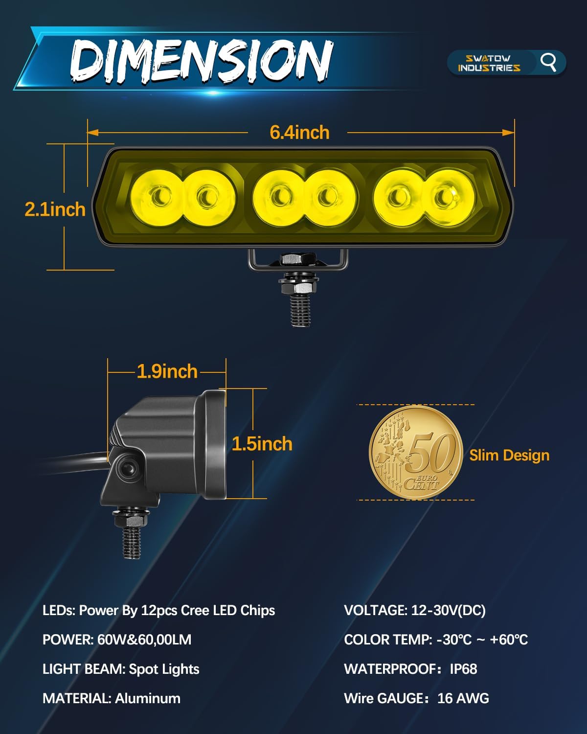 6 Inch Light Bar Yellow, SWATOW INDUSTRIES 6" CREE LED Pods Spot Bumper Mount Work Lights Yellow Fog Lights for Wrangler F150 Toyota Truck Pickup SUV UTV ATV