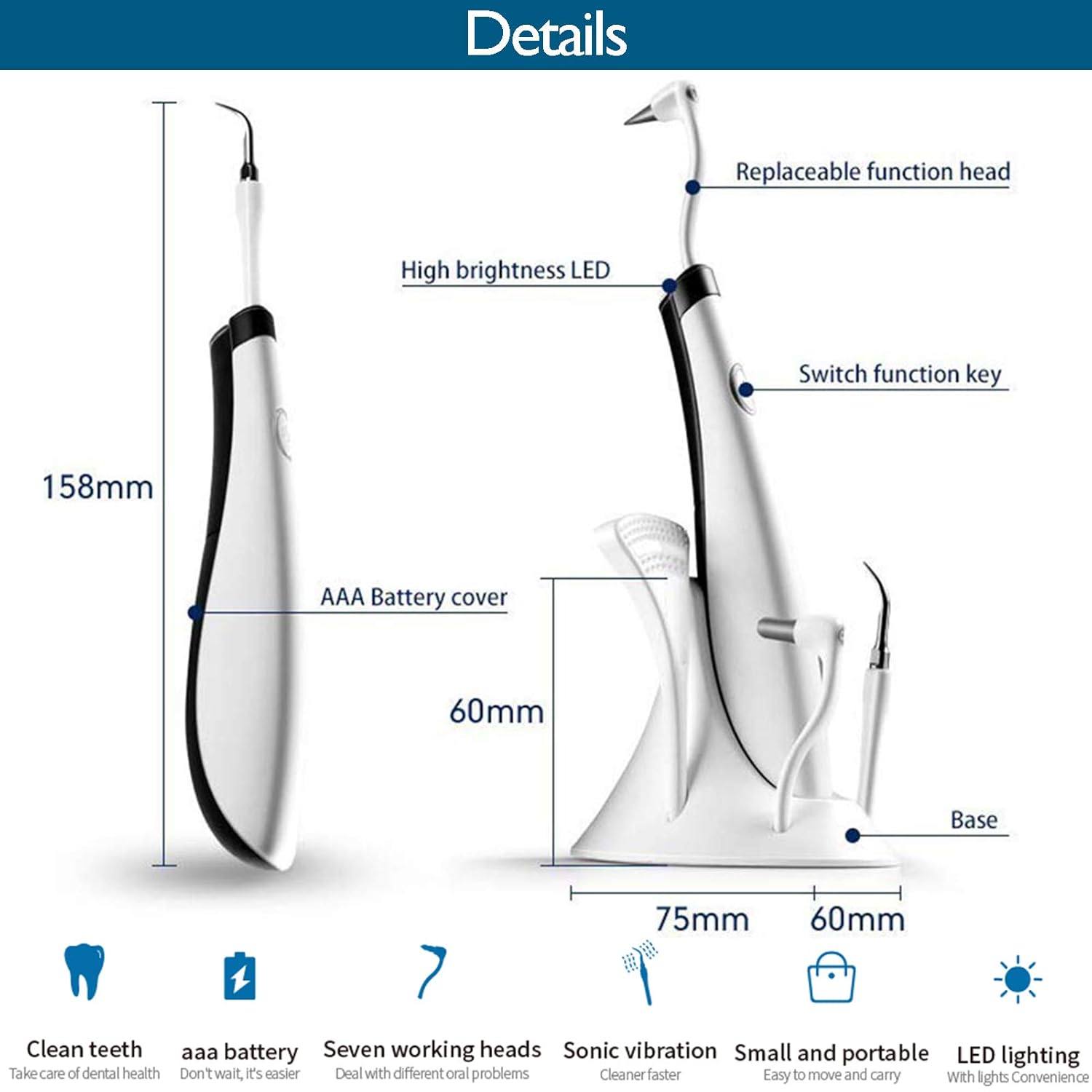 【2021 NEW version】7 Heads x 5-Modes HIGH-frequency Power Dental Flosser, Tooth Tartar Scraper, Dental Stains Remover, Tooth Cleaning tool, Battery operated with Portable for Travel & Home, Fipponi /GY : Beauty & Personal Care