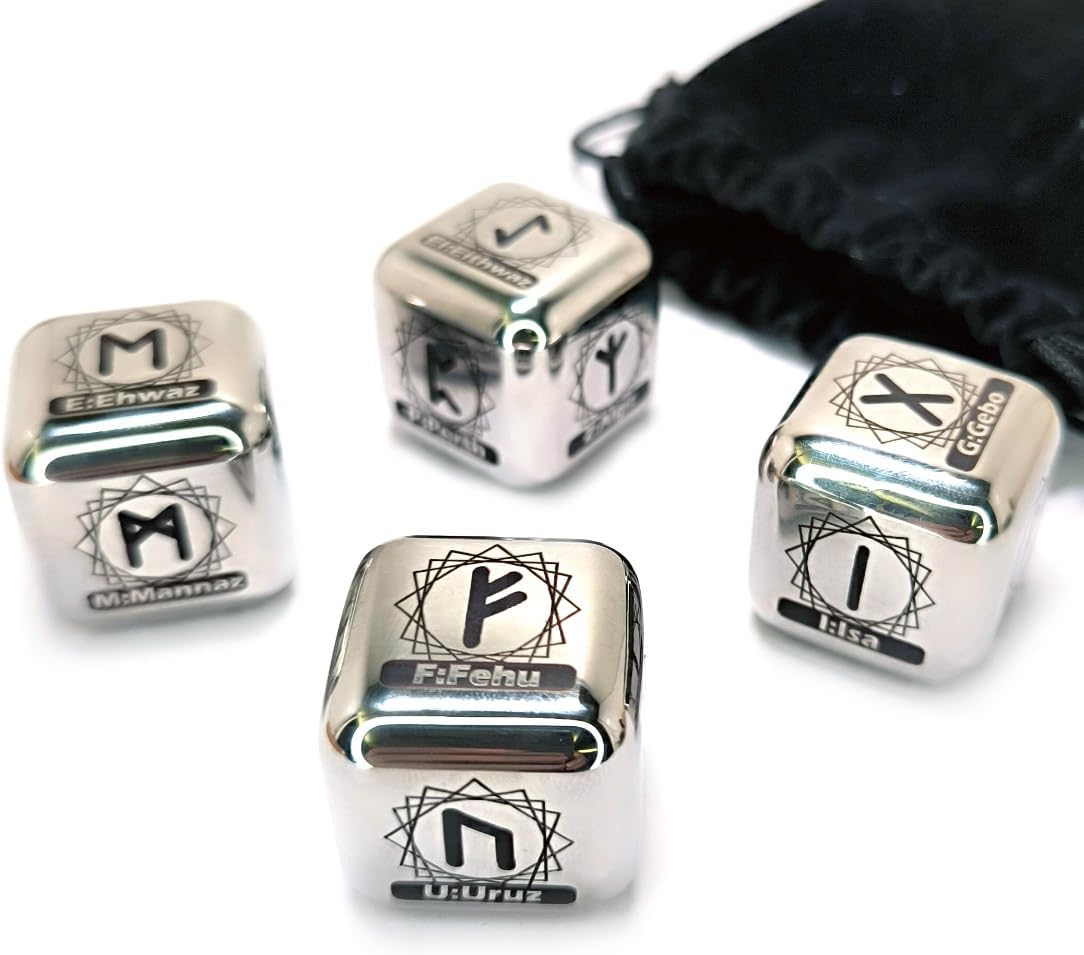 4 Pcs/Set Metal Rune Dice Set, 24 Carved Elder Furthark Alphabet Viking Rune Stainless Steel Dices for Divination Prediction Game (Silver)