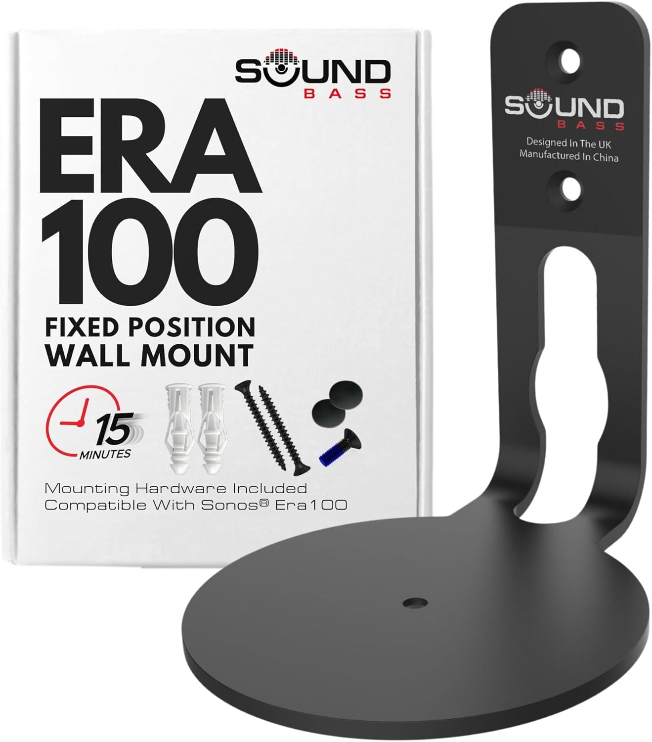 Sound Bass ERA100 Wall Mount Bracket, Low Profile, Black, Single Unit, Compatible with Sonos ERA 100 Speaker, Complete with All Fixing Hardware