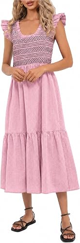 YEXPINE Women's Smocked Midi Dress Ruffle Sleeve Seersucker Casual Dresses