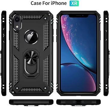 Yiakeng for iPhone XR Case, iPhone XR Phone Cases With Screen Protector, Silicone Shockproof Military Grade Protective Phone Cover with Ring Kickstand for iPhone XR (Black)