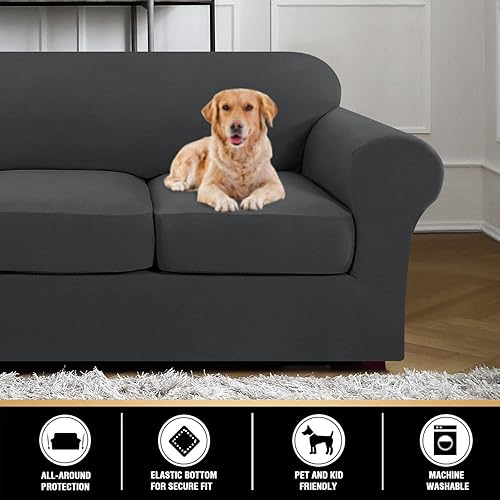 Miniatura 5 de PrinceDeco - Funda elástica y suave de 4 piezas para sofá, lavable, 3 fundas para cojines separados, protector elástico para niños y mascotas, funda