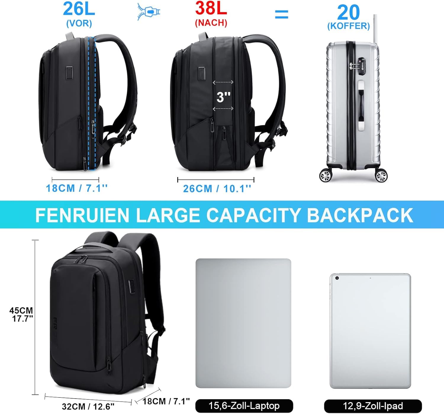 FENRUIEN Erweiterbarer Laptop Rucksack YKK-Reißverschlüssen 26L-38L Rucksack Business Rucksack Herren Laptop Tasche 15.6 Zoll für Herren und Damen Mädchen Teenager mit Laptopfach USB-Ladeanschluss