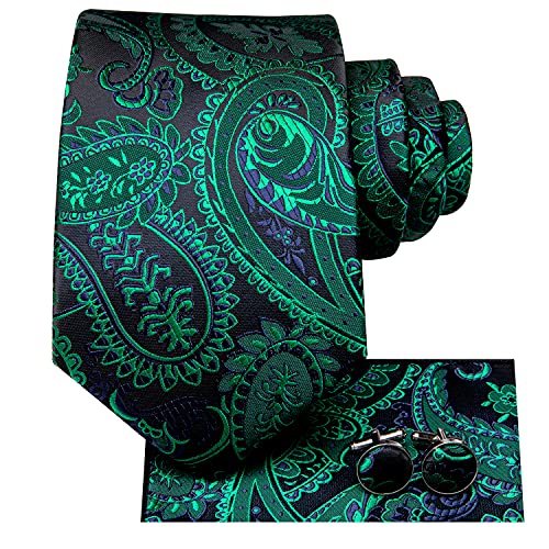 Image of Hi-Tie Paisley Floral Ties Set for Men Silk Mens Stripes Necktie Pocket Square Cufflinks Set Formal Business