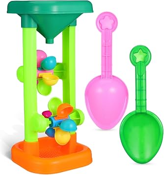 Kisangel Sand and Water Wheel Tower, Beach Toy Set with 2 Shovels, Kids Educational Sensory Play Activity Center for Sandbox, Summer Outdoor Fun for Toddlers