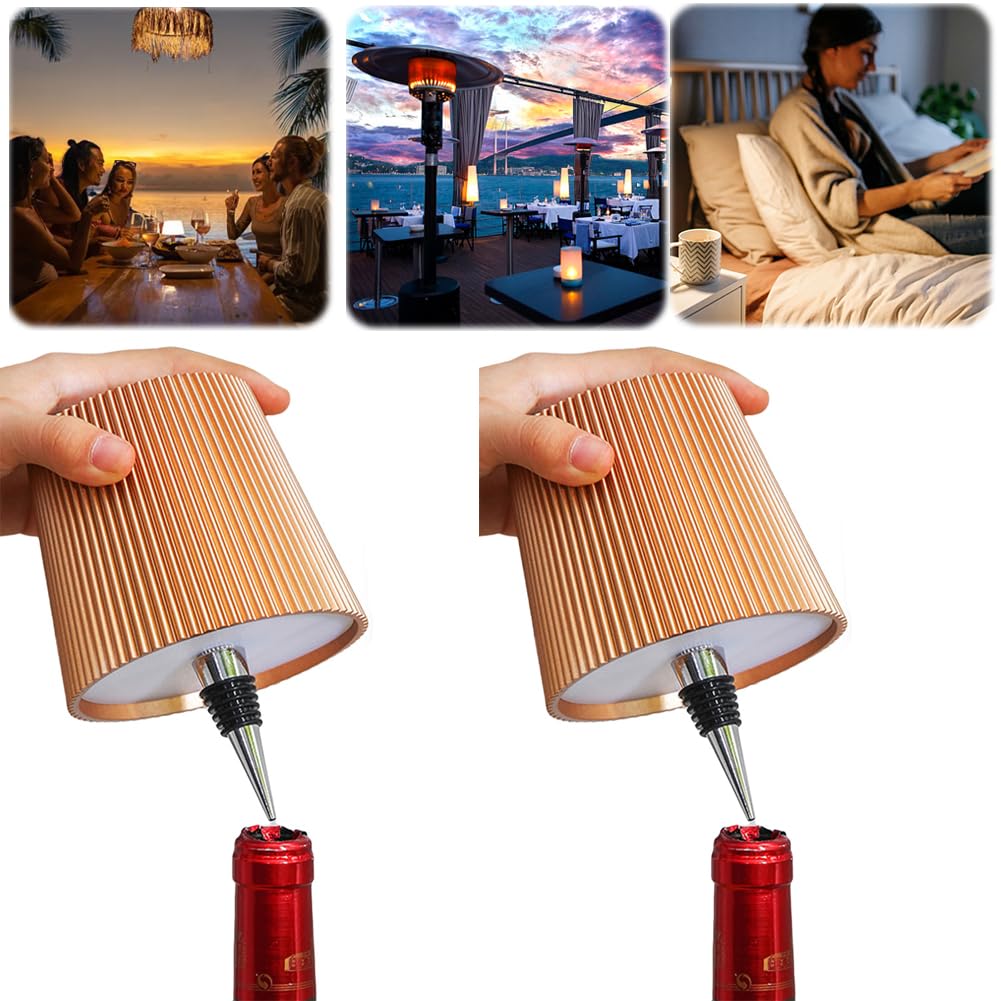 Wireless Bottle Lamp, 3 Colors Dimmable Wine Bottle Light Wireless Lampshade Touch Control LED Wine Bottle Lamp Kit, Dimming Bottle Night Light for Bar Restaurant Bedroom Home Deco (Gold A, 2PCS)