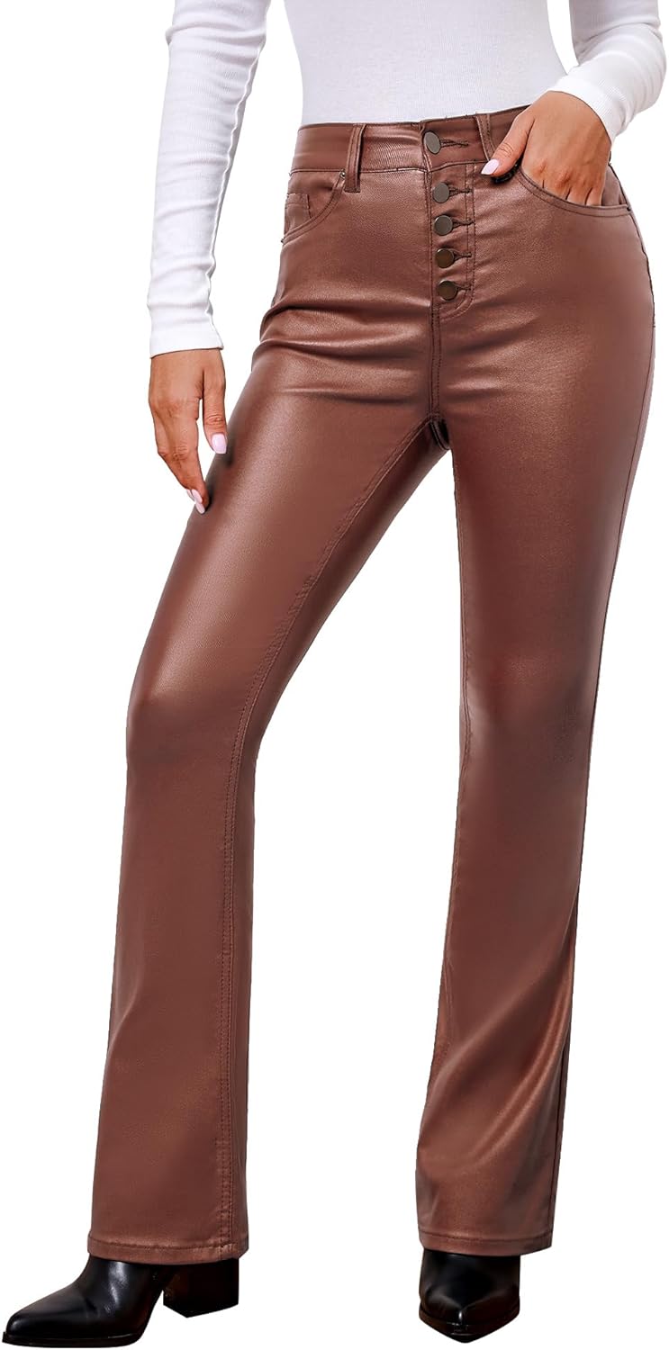 GRAPENT Flare Pants for Women High Wasited Stretchy Faux Leather Look Button Fly Jeans Trendy Bell Bottom Trousers
