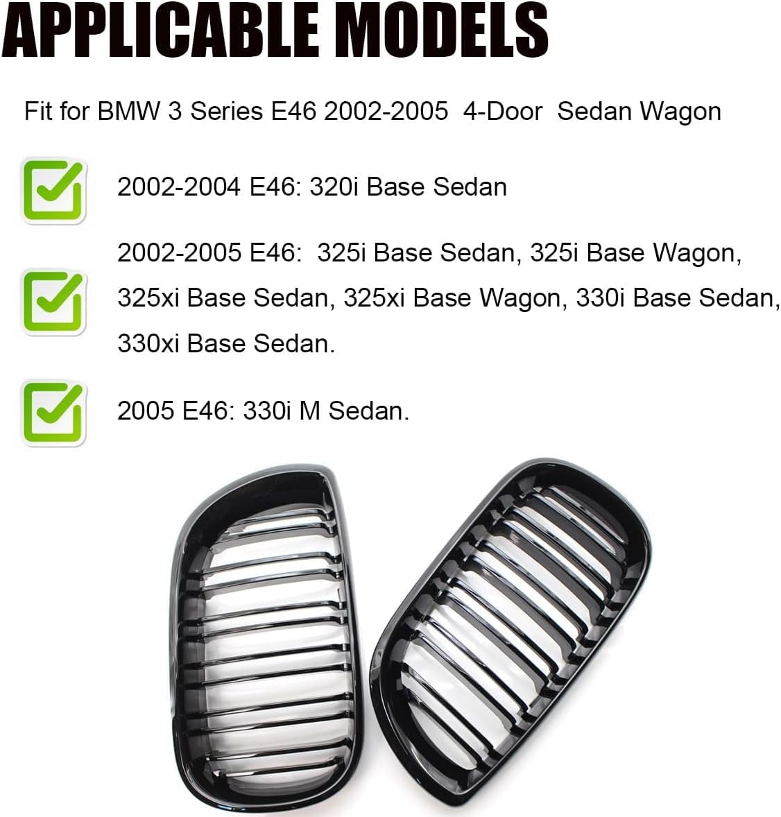 Griglia Nero Lucido Per BMW Serie 3 E46 320i 328i 2002-2005 – Doppio Rene, 2 Pezzi, Montaggio Facile