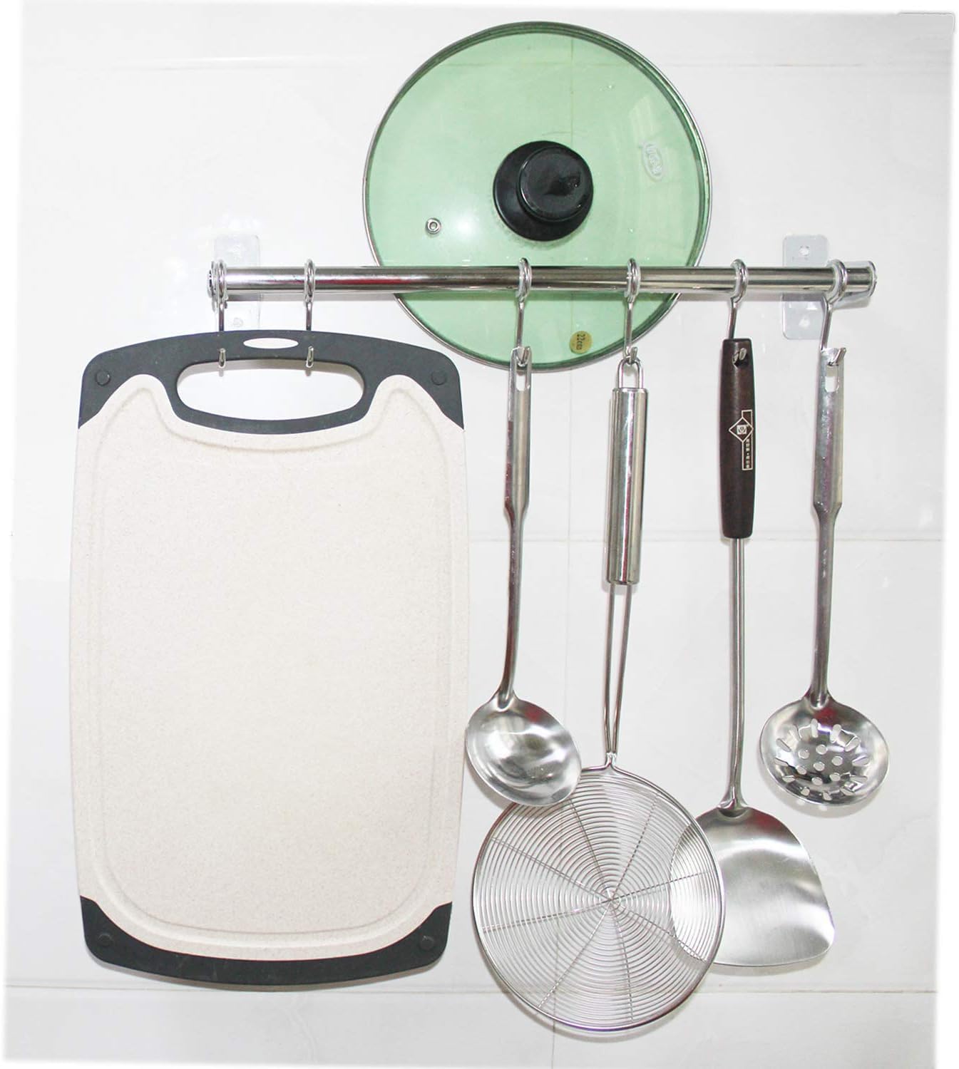 Wall Hooks,Hooks,Adhesive Hooks,Stainless Steel Kitchen Rail, Wall Mounted Kitchen Organizer Utensil Holder Rack with 6 Hooks for Hanging Spatula,Pot and Pan Lid Single Rod