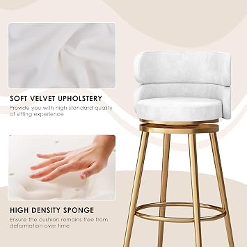Modern Swivel Bar Stool Set of 1/2/3/4 Velvet Height Stool High Back Kitchen Island Counter Bar Chair with Gold Base for Kitchen Island, Counter, Bar White 2 PCS 75cm